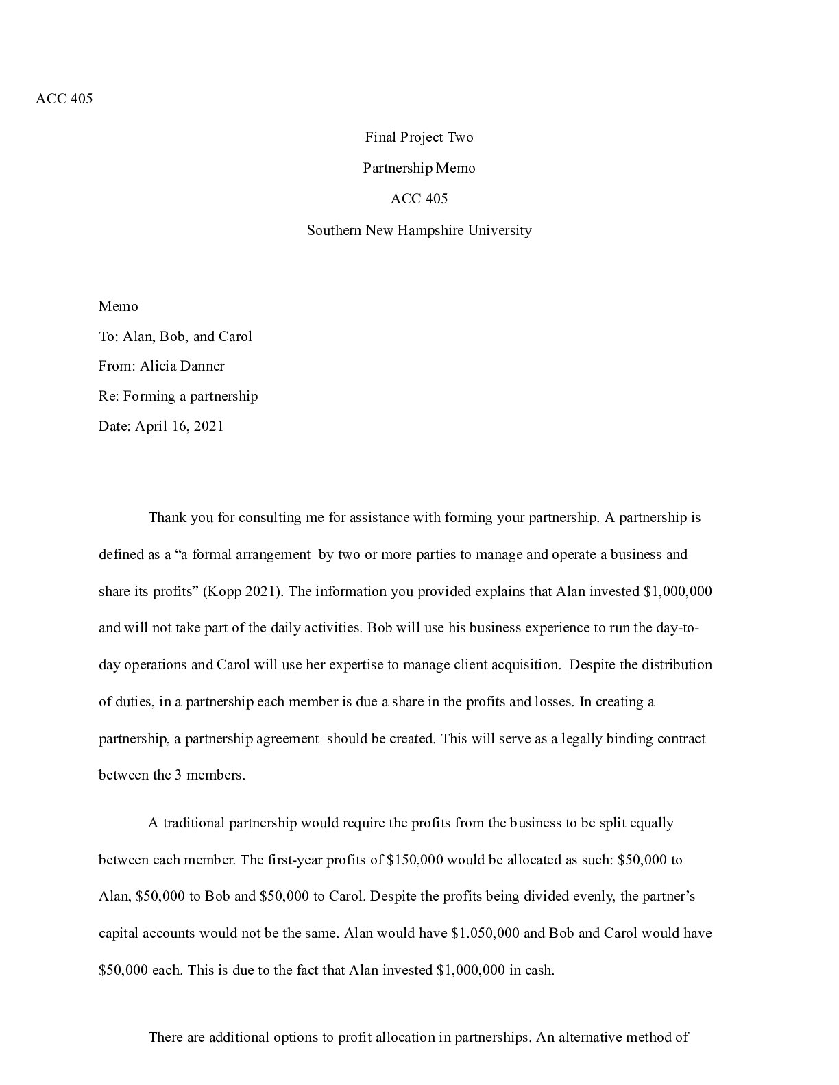 Preview image for Acc 405 final project two.docx  ACC 405  Final Project Two Partnership Memo ACC 405  South